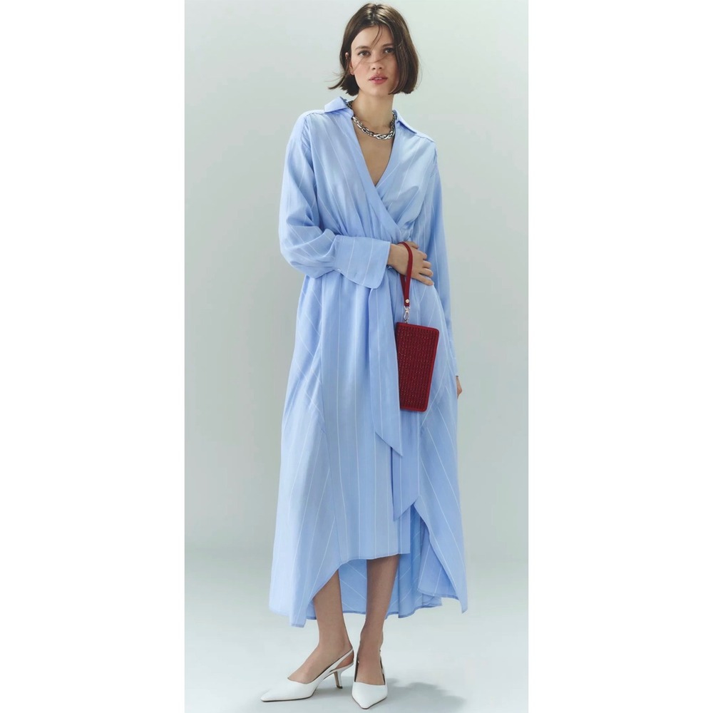 MON RENN Women's Blue Striped Lyocell Linen Long Sleeve Shirt Dress NWT Sz M